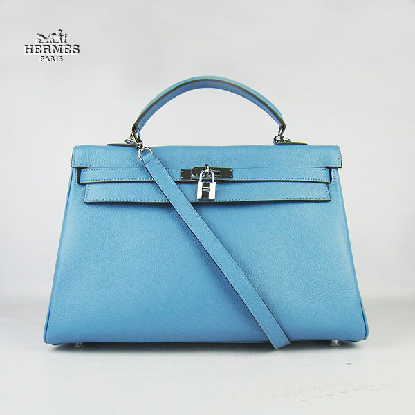 6308 Hermes Kelly 35 centimetri Togo Leather Bag Blue Light 6308 Argento H